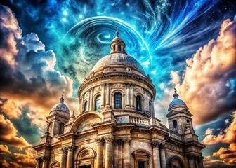 Fototapeta premium Double Exposure: Majestic Blue Dome Stone Building - Architectural Fantasy