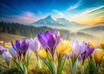Fototapeta premium Double Exposure: Spring Crocus Bloom & Abstract Landscape