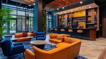 Fototapeta premium Hotel VIP lounge setup with comfortable seating, ambient lighting, and complimentary refreshments.