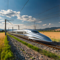 Fototapeta premium High-Speed Train on Rails: A streamlined, metallic high-speed train streaks across the tracks, leaving a trail of movement against a dynamic backdrop of a clear, cloud-speckled sky.