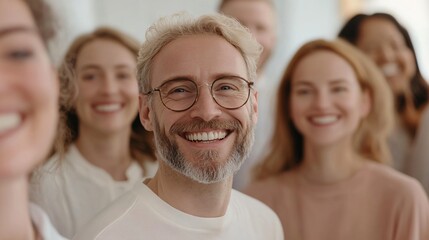 Group of diverse friends smiling, joyful blended ethnicity individuals enjoying time together at a casual gathering, vibrant atmosphere.