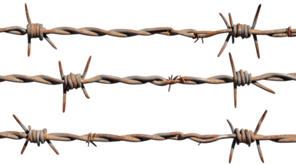 Rusty barbed wire fence on transparent background