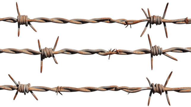 Rusty barbed wire fence on transparent background