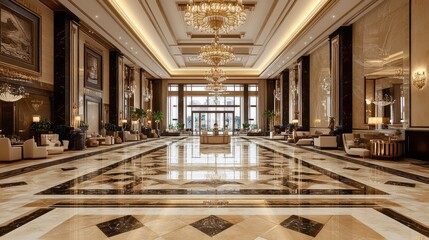 Fototapeta premium Luxurious hotel lobby with a grand chandelier, marble flooring, and elegant seating area.