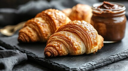 Fresh croissants with chocolate hazelnut spread on slate, delicious breakfast, dark background
