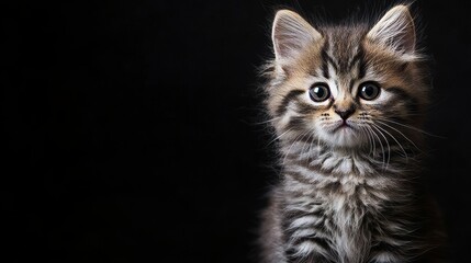 Obraz premium Captivating close up portrait of a fluffy brown tabby kitten with mesmerizing green eyes gazing directly at the viewer against a stark black background, creating a charming studio shot