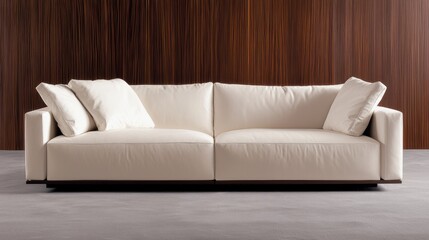 A white leather sofa with two white pillows and a brown wooden wall behind it.