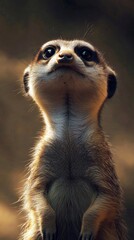 Fototapeta premium Captivating close-up portrait of a vigilant meerkat standing tall, attentively watching and observing the surroundings in the golden light of the sun