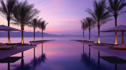 Obraz premium Luxurious infinity pool at a five-star hotel overlooking the ocean with ambient lighting.