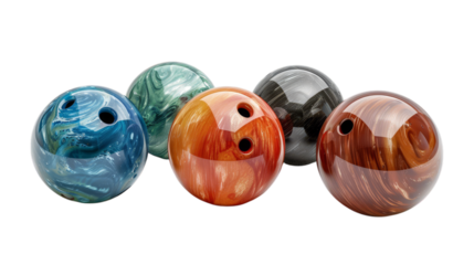 Vibrant collection of colorful swirled bowling balls on transparent background