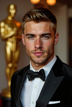 Handsome Man in Black Tuxedo at Award Ceremony