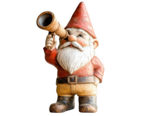 whimsical garden gnome with red hat and beard, holding telescope, gazing into distance. This charming figure adds playful touch to any outdoor space