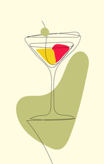 A cocktail with a variation of a dry martini in a special glass. A transparent gin-based drink decorated with olives. Stylish vector illustration is suitable for postcards, menu design, posters.
