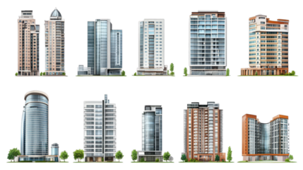 Modern urban skyscrapers and residential buildings collection