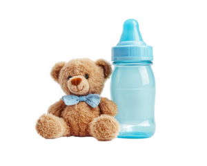 cozy baby bottle next to teddy bear, perfect for nurturing moments. This evokes warmth and comfort, ideal for baby related themes