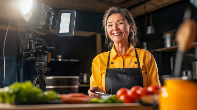 Elderly woman blogger recording a cooking video, ideal for content related to senior influencers and cooking channels.
