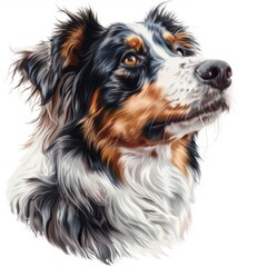 Captivating portrait of a canine companion showcasing expressive amber eyes and a luxurious tri-colored coat on a pristine white backdrop