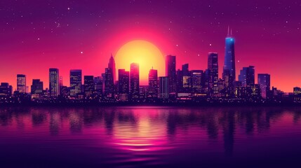Fototapeta premium Vibrant Sunset Over City Skyline with Reflection on Calm Water Surface at Twilight