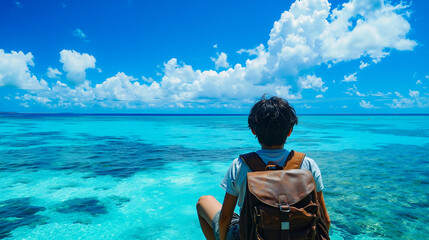 Fototapeta premium A man sitting on the edge of a boat looking out at the ocean