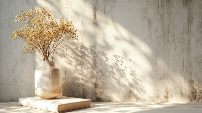Jarr&oacute;n con flores secas y libro de cerca en el interior del hogar.
