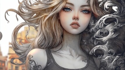 Fototapeta premium Artistic portrayal of a woman with flowing hair and intricate tattoos against a fantasy background