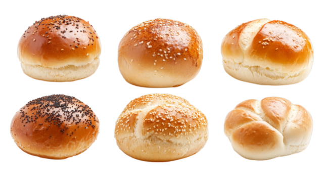 Assorted soft burger buns with seeds and toppings on transparent background