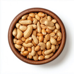 Obraz premium peanuts in a wooden bowl top view, Isolated on white Background.