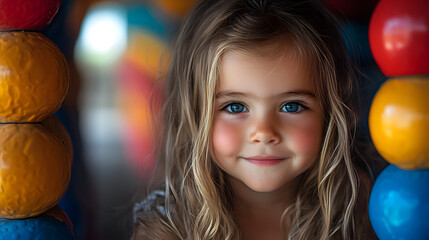 Fototapeta premium Smiling Young Girl With Bright Eyes Amid Vibrant Playful Surroundings