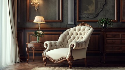 Sala de estar vintage con sillón tipo lounge, render 3D.
