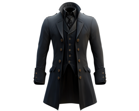 Victorian era men frock coat with high collar and ornate buttons, showcasing classic and elegant style. This coat embodies sophistication and historical fashion