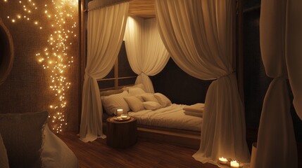 Luxury hotel beachside cabana with soft drapes, elegant decor, and a private lounge area.