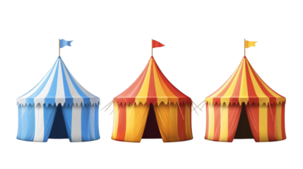 Colorful circus tents: striped red yellow blue designs with flags