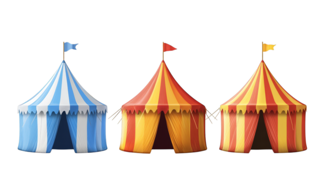 Colorful circus tents: striped red yellow blue designs with flags