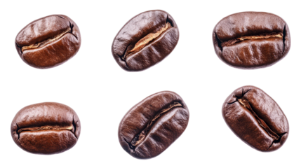 Close-up of roasted coffee beans isolated on transparent background