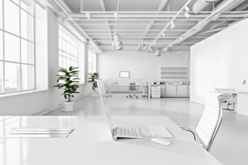 Fototapeta premium Modern white office environment with clean and minimalist design. Features spacious interior with organized workstations, enhancing focus and productivity, making it ideal for professional tasks
