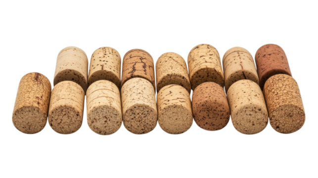 Assorted cork bottle stoppers in a row against transparent background