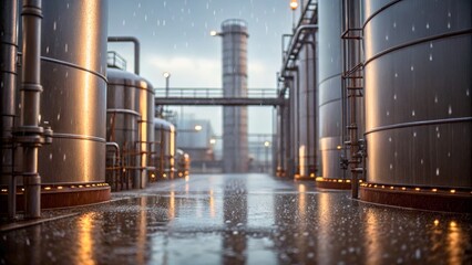Obraz premium Industrial tanks in rain at dusk with illuminated pathways reflecting water droplets