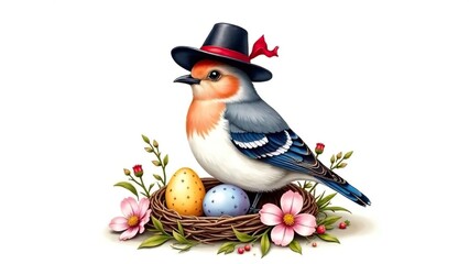 Easter Switzerland cuckoo. A cheerful cuckoo bird perched on a branch next to a nest filled with colorful Easter eggs, surrounded by blooming blossoms 2026