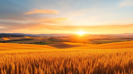 Obraz premium Golden wheat field at sunset, peaceful rural landscape with warm hues, perfect for agriculture or nature themes, copy-space available.