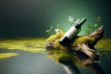 Wine bottle with blank label resting on moss-covered driftwood floating on calm water, with a dragonfly perched nearby. Concept of nature, eco-friendly packaging, and organic products