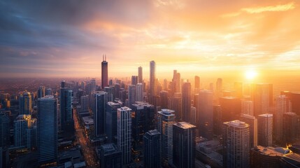 Fototapeta premium Chicago Skyline Sunset Aerial View