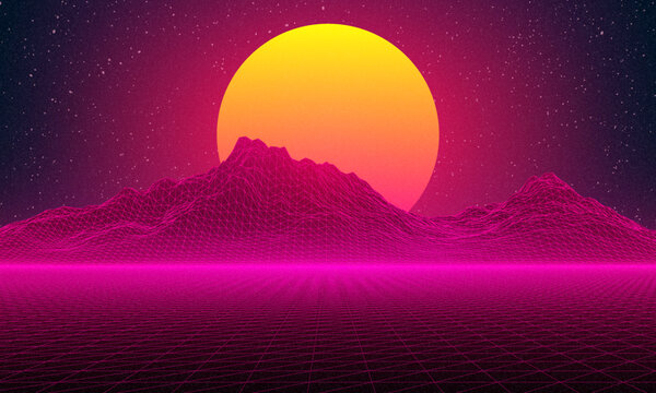 Retro background futuristic landscape 1980s style. Digital retro landscape cyber surface. Retro music album cover template: sun, space, mountains . 80s Retro Sci-Fi Background Summer Landscape.