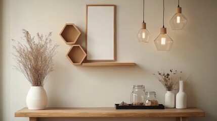 Warm, inviting vignette: a wooden table, vases, and shelf create a cozy, rustic still life bathed in soft light