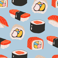 Sushi seamless pattern. Vector Japanese food illustration. Asian background