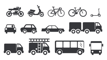 Bundle set of icons various vehicles, including bikes, bicycles, motorcycles, cars, trucks, buses, and fire trucks, traffic signs © AndiPoe