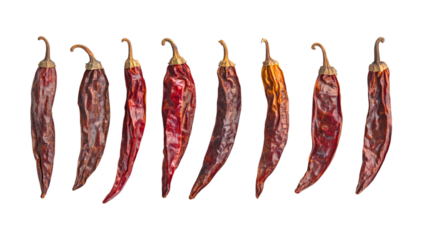 Dried red chili peppers lined up against transparent background