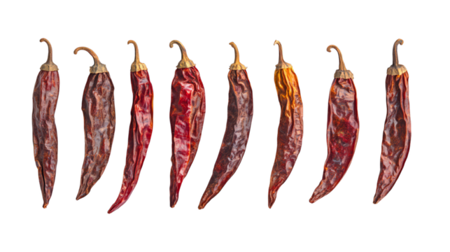Dried red chili peppers lined up against transparent background