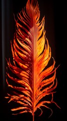 Orange Bird Feather on Black Background, Abstract Image, Texture, Pattern Background, Wallpaper, Cover and Screen for Smartphone, PC, Laptop, 9:16 and 16:9 Format