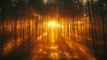 Fototapeta premium Radiant Sunlight Through Dense Forest Tree Trunks Casting Golden Light and Shadows on the Ground Surface