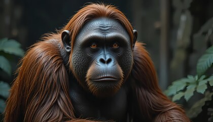 Obraz premium Intense Gaze of an Orangutan in Dark Foliage